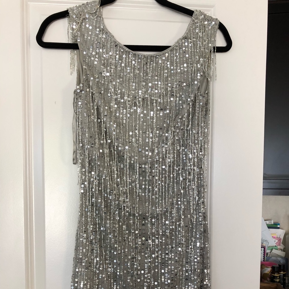 Aidan Mattox silver fringed bead dress